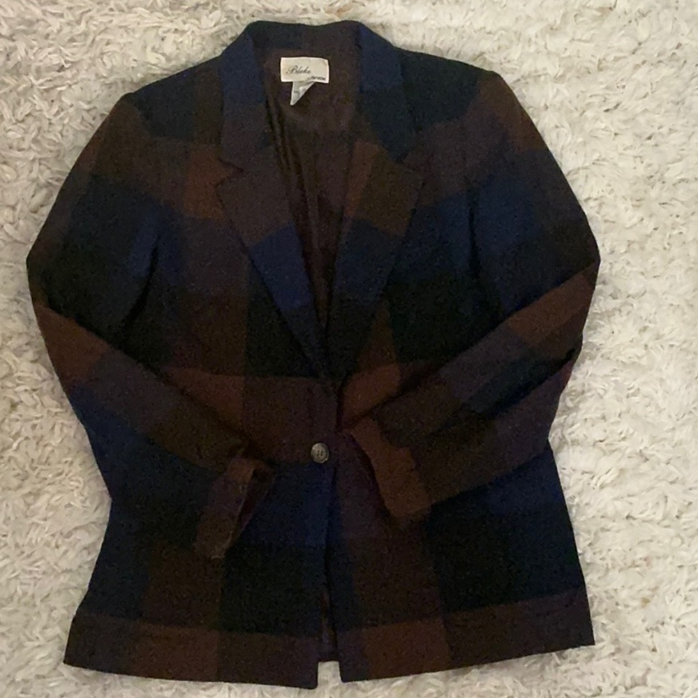 VINTAGE Navy Blue Brown Plaid Wool Blazer